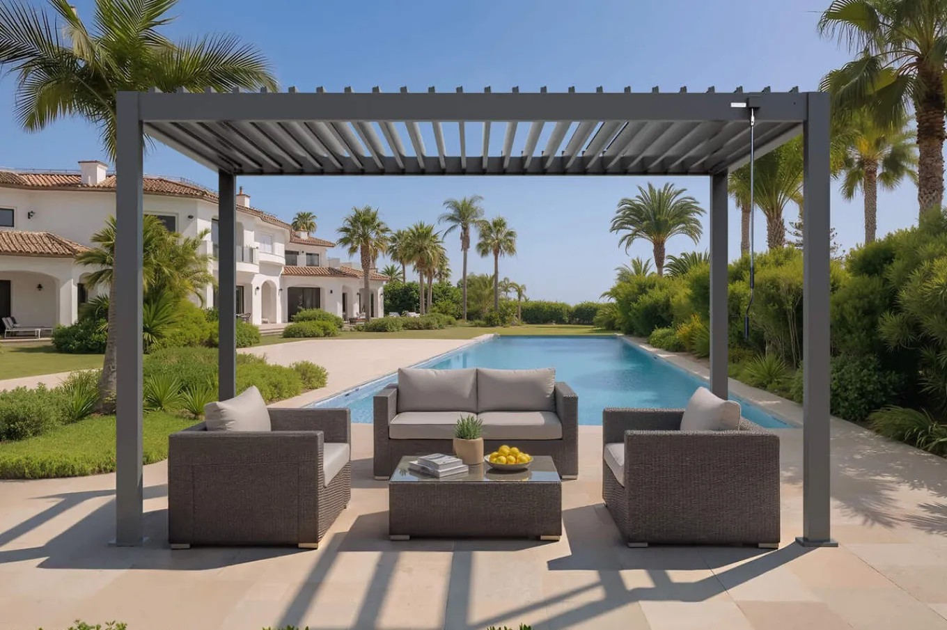 Discount Antalya Lamellenpergola, schwarz, Alu, 4 x 4 m, pulverbeschichtet, wetterfest, verstellbare Lamellen Pergola