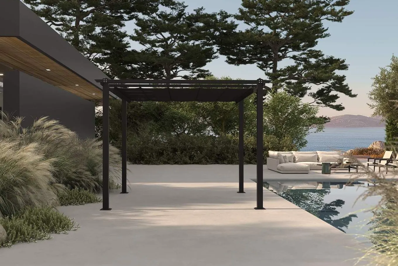 Antalya Pergola mit faltbarem Stoffdach, Anthrazit, Aluminium/Stahl/Polyester, 3 x 3 m, UV-Schutz 30+ Pergola