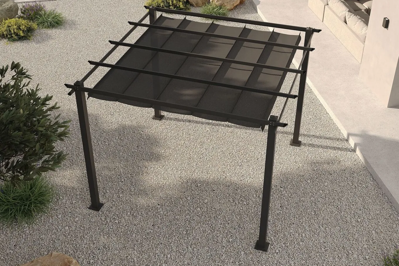 Antalya Pergola mit faltbarem Stoffdach, Anthrazit, Aluminium/Stahl/Polyester, 3 x 3 m, UV-Schutz 30+ Pergola