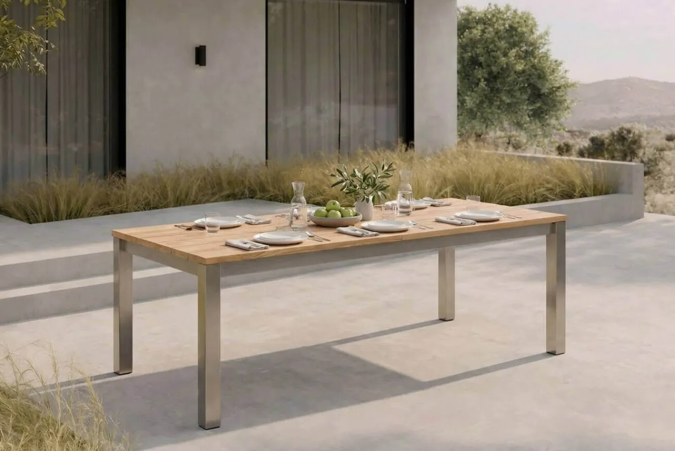 Discount Ausziehtisch, Teakholz/Edelstahl, Plattenstärke 25 mm, 220/340 x 100 cm, FSC®-zertifiziertes Produkt Gartentische