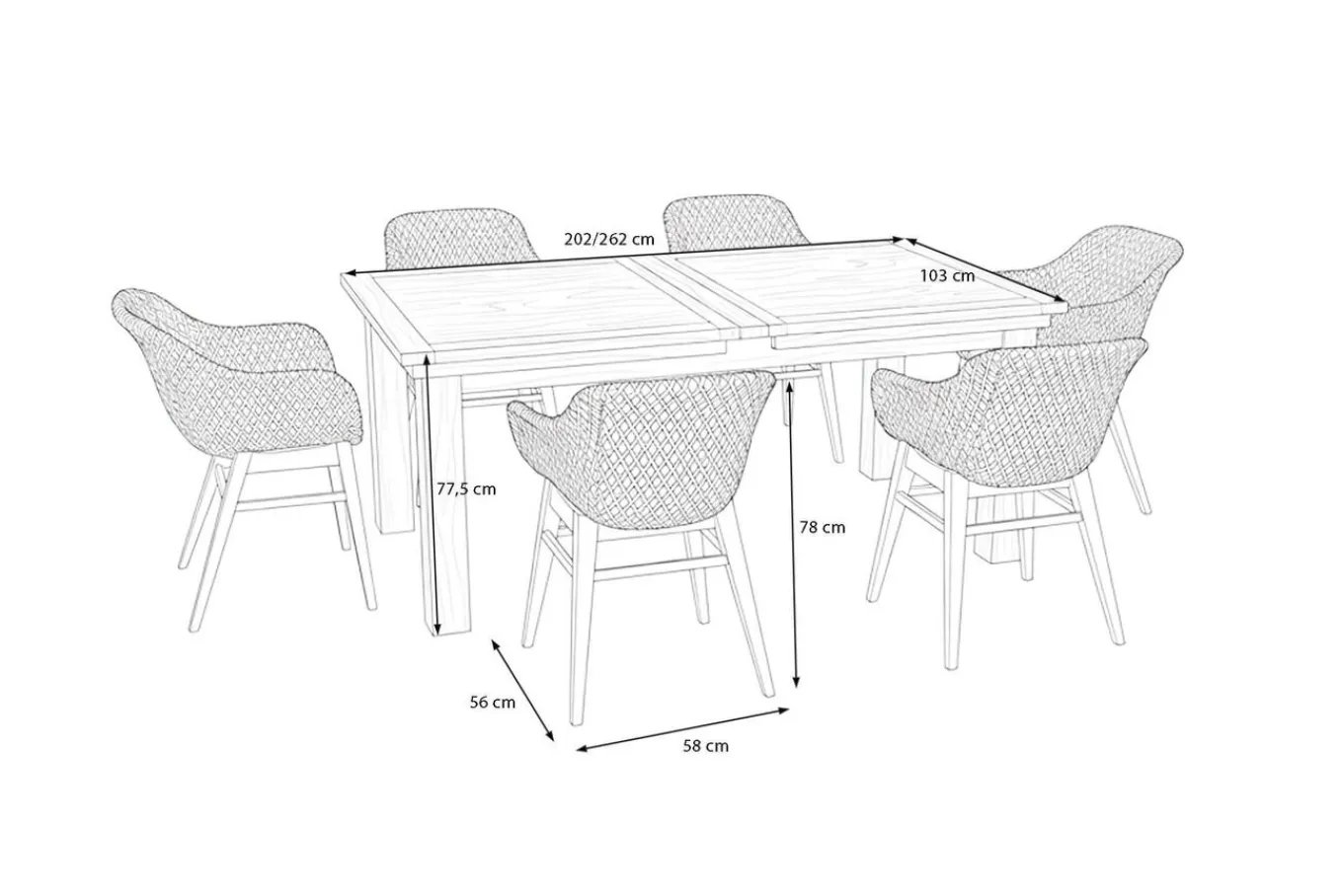 Outlet Bali Garten-Essgruppe mit 6 Dining Sesseln, schwarz/weiß/natur, Akazie/Polyrattan, 180/220/260 x 100 cm, FSC®-zertifiziertes Produkt Garten-Essgruppen