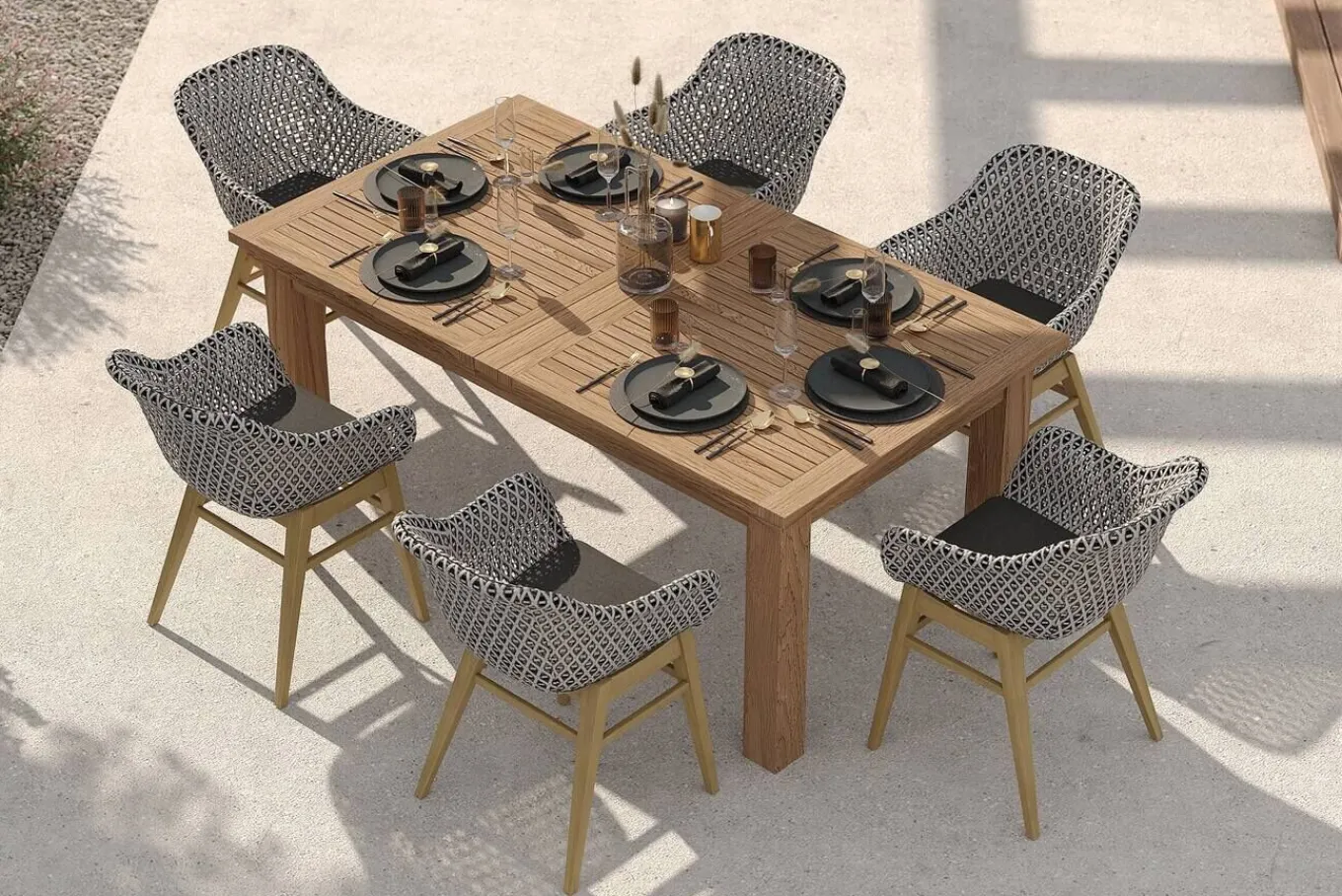 Outlet Bali Garten-Essgruppe mit 6 Dining Sesseln, schwarz/weiß/natur, Akazie/Polyrattan, 180/220/260 x 100 cm, FSC®-zertifiziertes Produkt Garten-Essgruppen