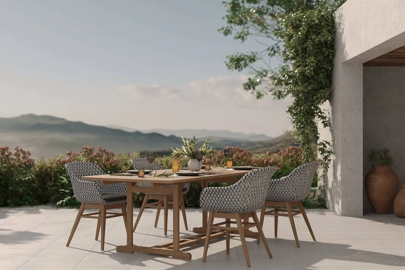 Hot Bali Garten-Essgruppe mit 4 Dining Sesseln, schwarz/weiß/natur, Akazie/Polyrattan, 150/200 x 90 cm, FSC®-zertifiziertes Produkt Garten-Essgruppen