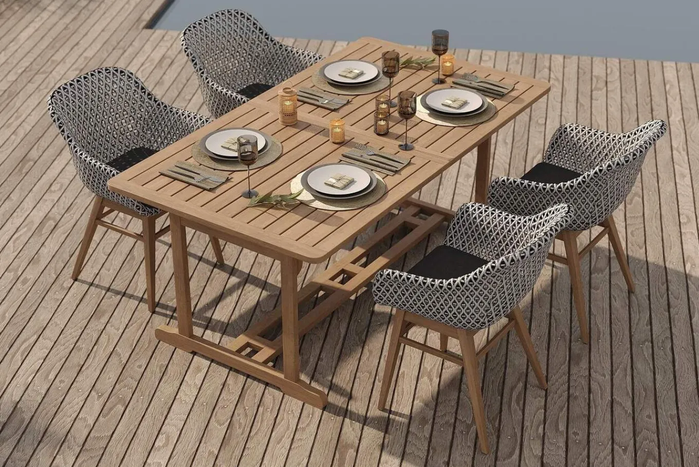 Hot Bali Garten-Essgruppe mit 4 Dining Sesseln, schwarz/weiß/natur, Akazie/Polyrattan, 150/200 x 90 cm, FSC®-zertifiziertes Produkt Garten-Essgruppen
