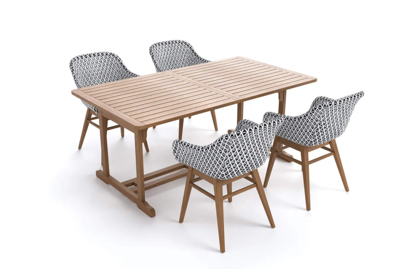 Hot Bali Garten-Essgruppe mit 4 Dining Sesseln, schwarz/weiß/natur, Akazie/Polyrattan, 150/200 x 90 cm, FSC®-zertifiziertes Produkt Garten-Essgruppen
