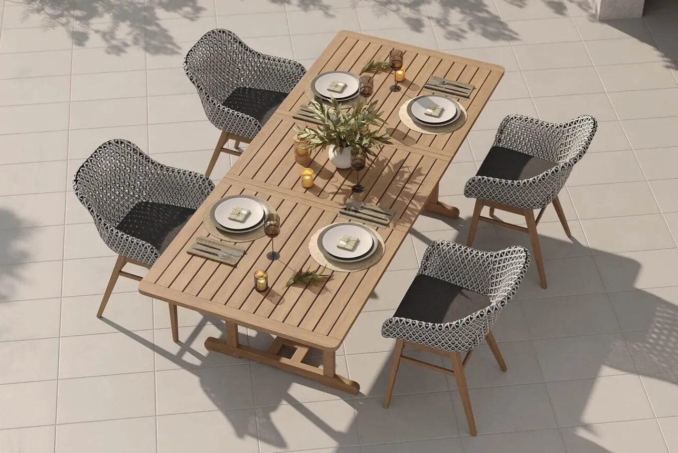 Hot Bali Garten-Essgruppe mit 4 Dining Sesseln, schwarz/weiß/natur, Akazie/Polyrattan, 150/200 x 90 cm, FSC®-zertifiziertes Produkt Garten-Essgruppen