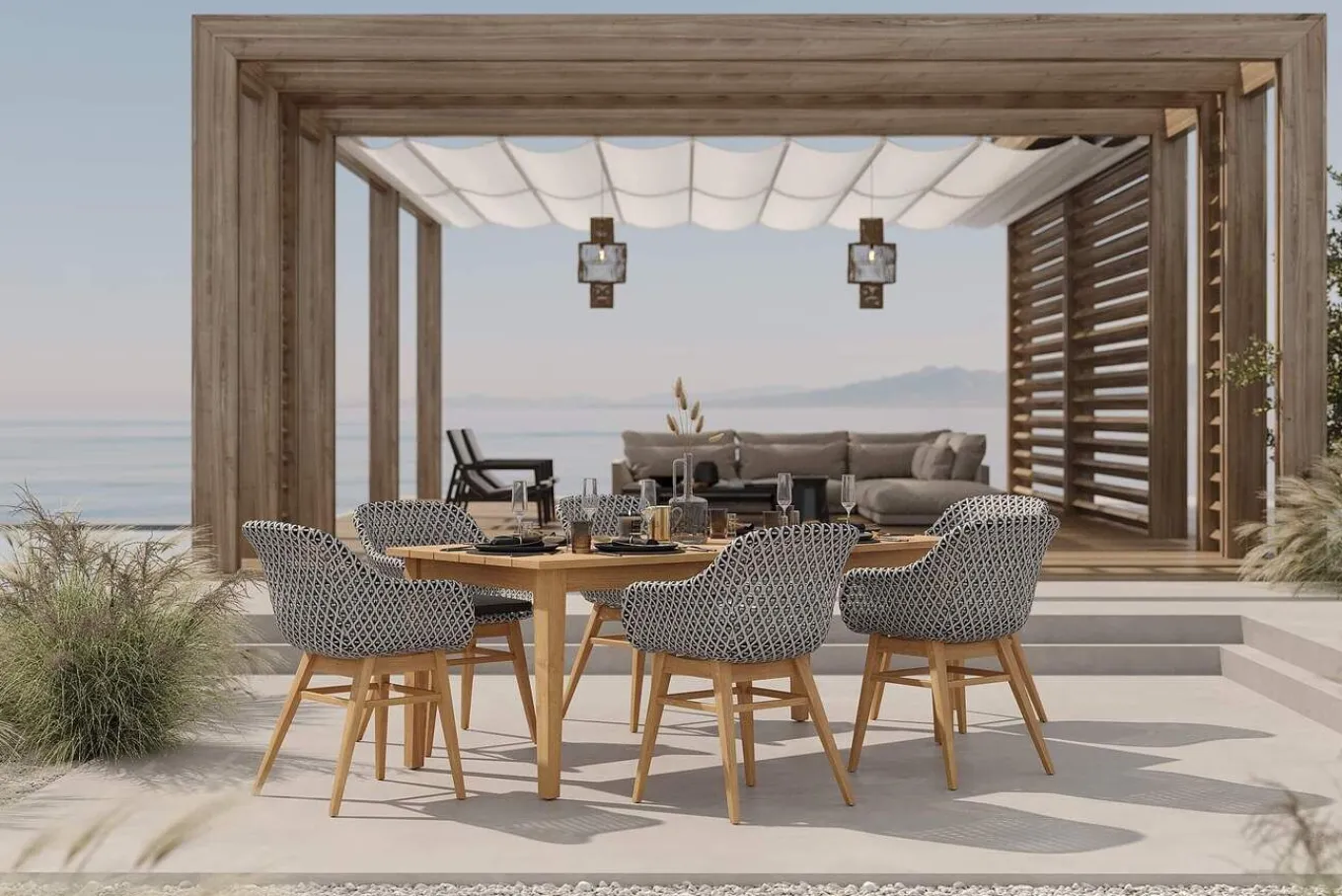 Best Bali Garten-Essgruppe mit 6 Dining Sesseln, schwarz/weiß/natur, Akazie/Polyrattan, Tisch 180 x 90 cm, FSC®-zertifiziert Garten-Essgruppen