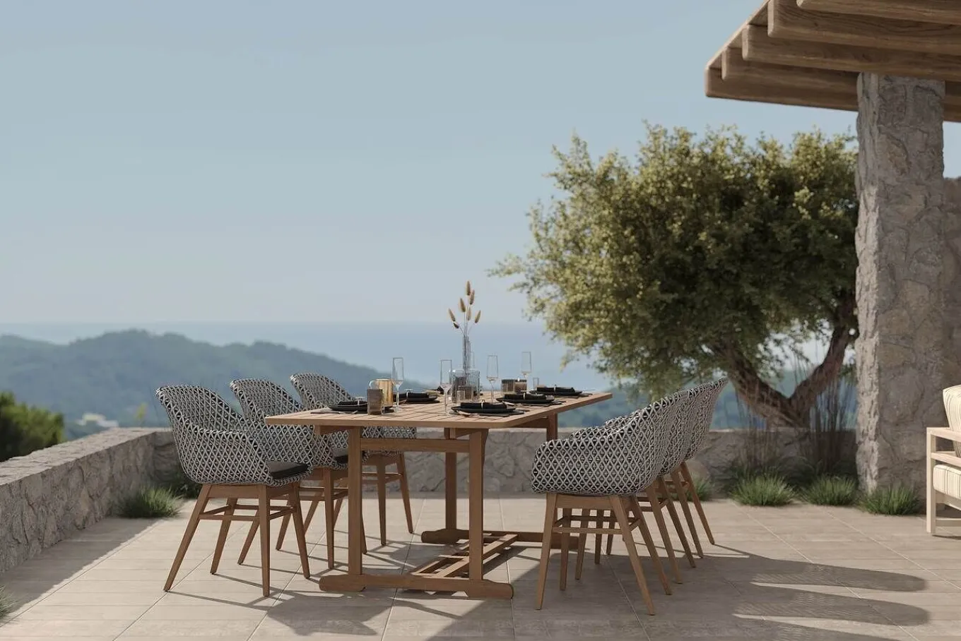 Discount Bali Garten-Essgruppe mit 6 Dining Sesseln, schwarz/weiß/natur, Akazie/Polyrattan, 150/200 x 90 cm, FSC®-zertifiziertes Produkt Garten-Essgruppen