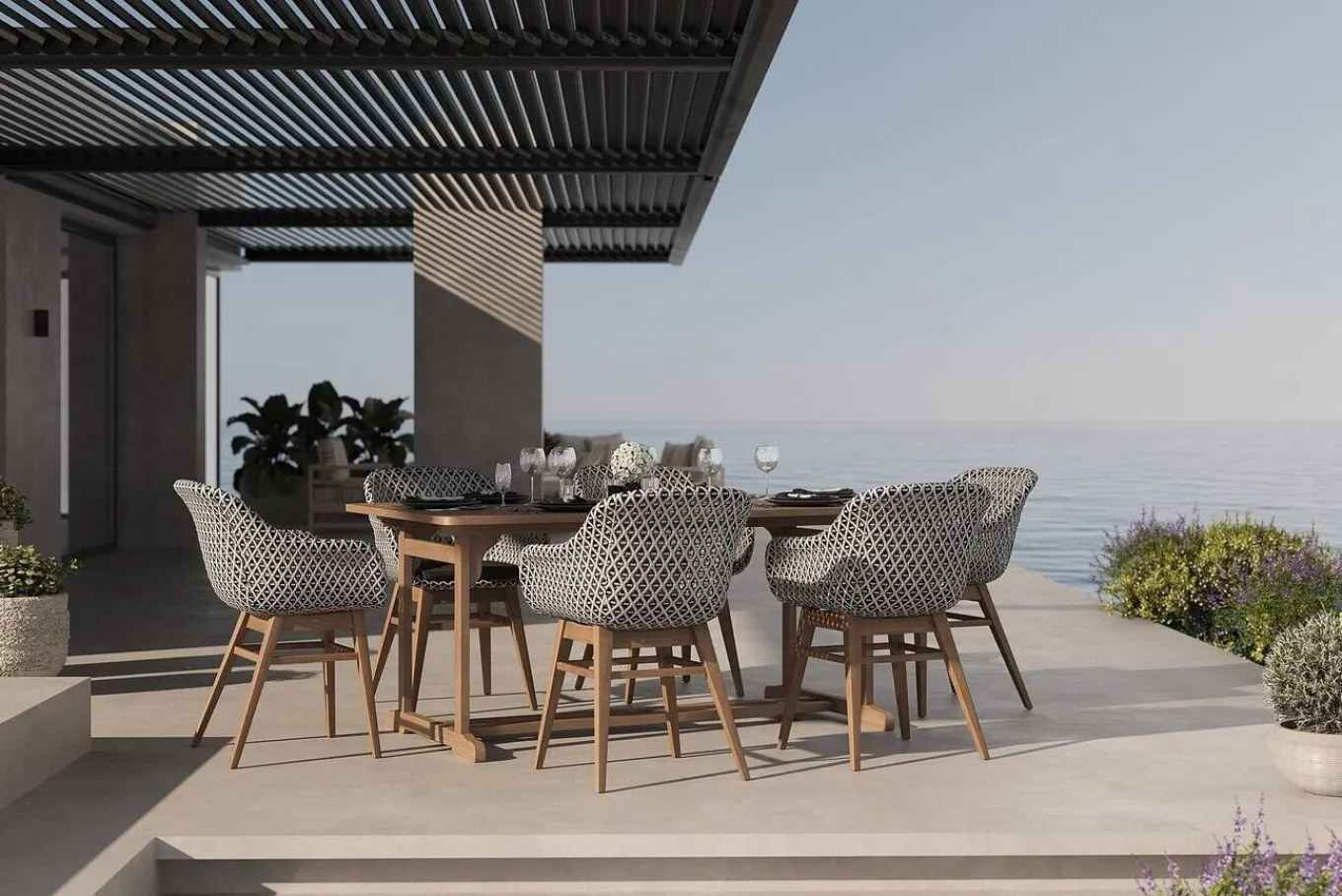 Discount Bali Garten-Essgruppe mit 6 Dining Sesseln, schwarz/weiß/natur, Akazie/Polyrattan, 150/200 x 90 cm, FSC®-zertifiziertes Produkt Garten-Essgruppen