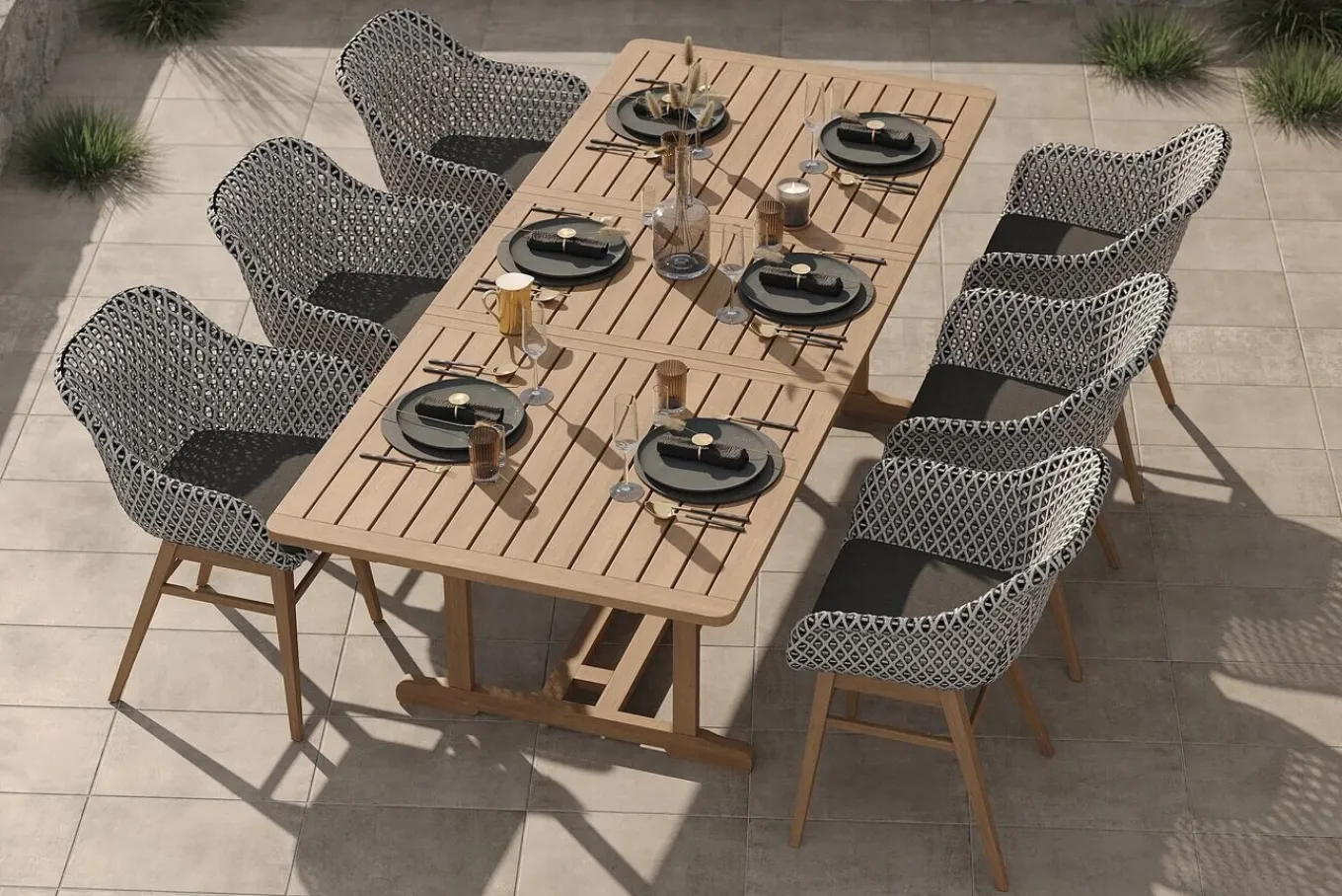 Discount Bali Garten-Essgruppe mit 6 Dining Sesseln, schwarz/weiß/natur, Akazie/Polyrattan, 150/200 x 90 cm, FSC®-zertifiziertes Produkt Garten-Essgruppen