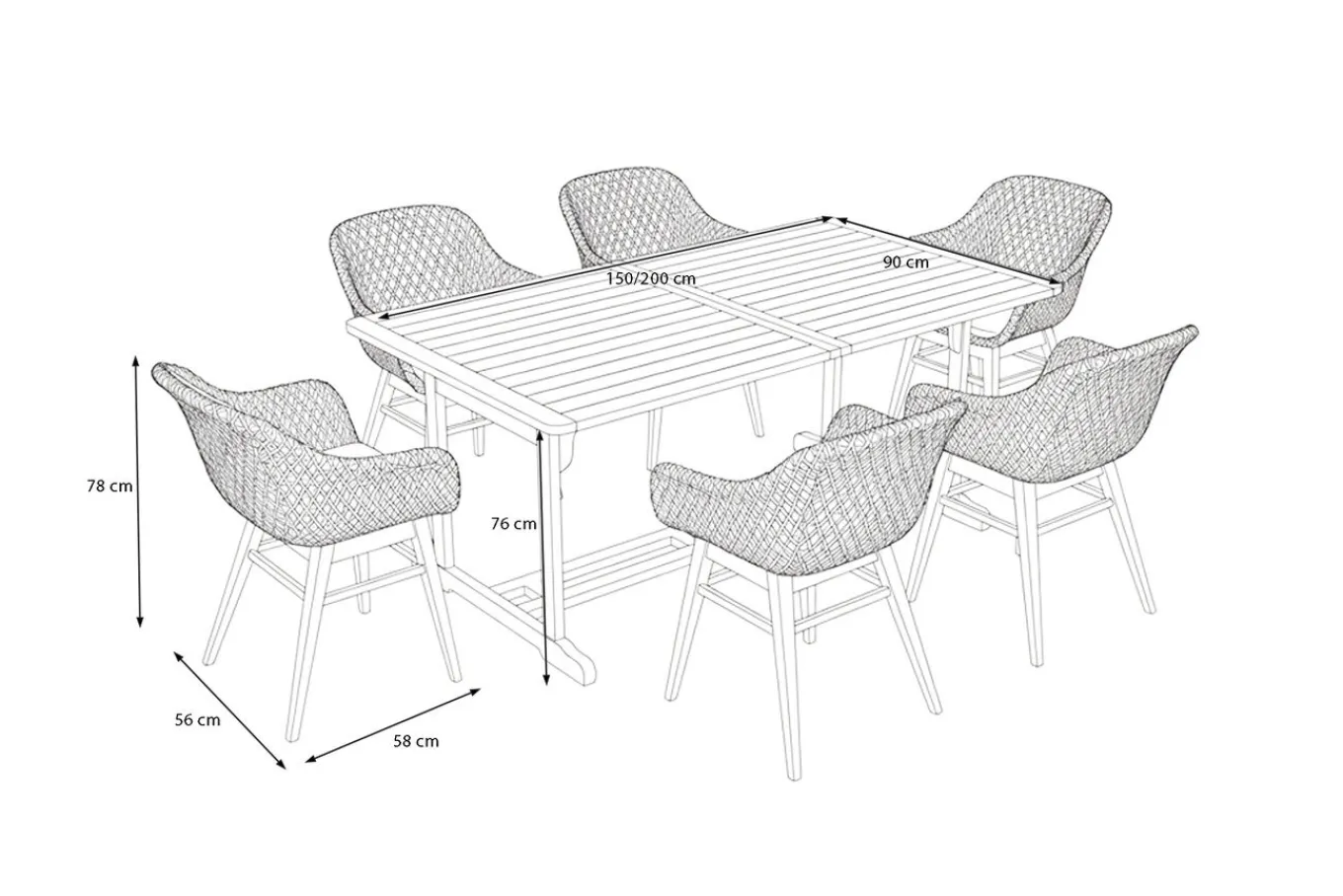 Discount Bali Garten-Essgruppe mit 6 Dining Sesseln, schwarz/weiß/natur, Akazie/Polyrattan, 150/200 x 90 cm, FSC®-zertifiziertes Produkt Garten-Essgruppen