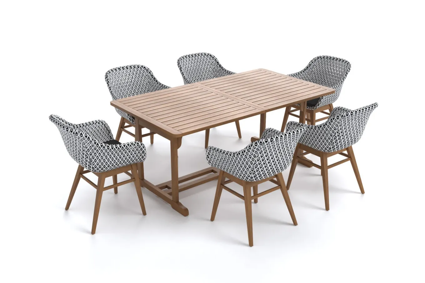 Discount Bali Garten-Essgruppe mit 6 Dining Sesseln, schwarz/weiß/natur, Akazie/Polyrattan, 150/200 x 90 cm, FSC®-zertifiziertes Produkt Garten-Essgruppen