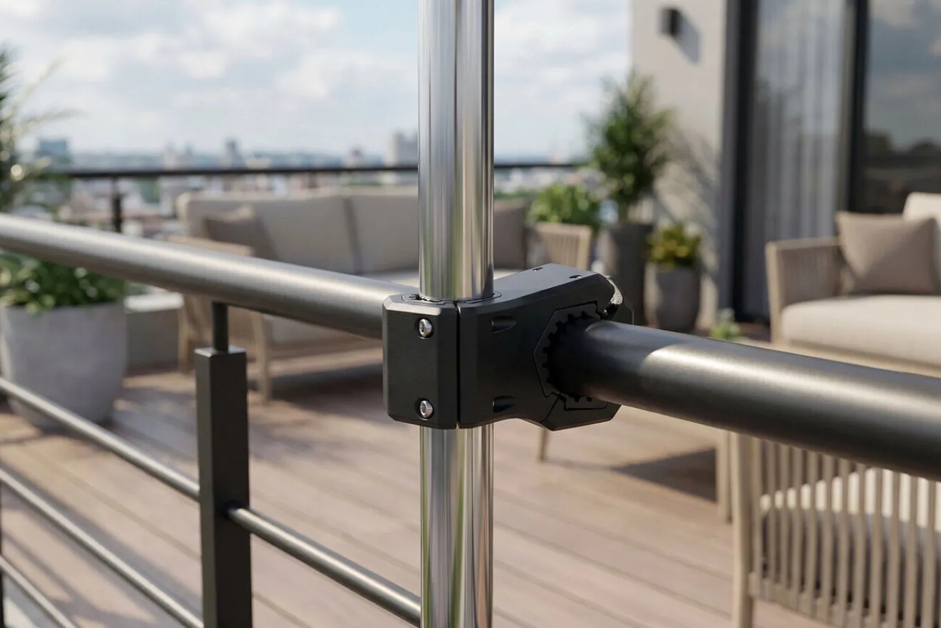 Best Balkon-Schirmhalter, schwarz, pulverbeschichtetes Aluminium, verstellbar Ø 19–50 mm, einfache Montage Sonnenschutz Zubehör|Sonnenschirme