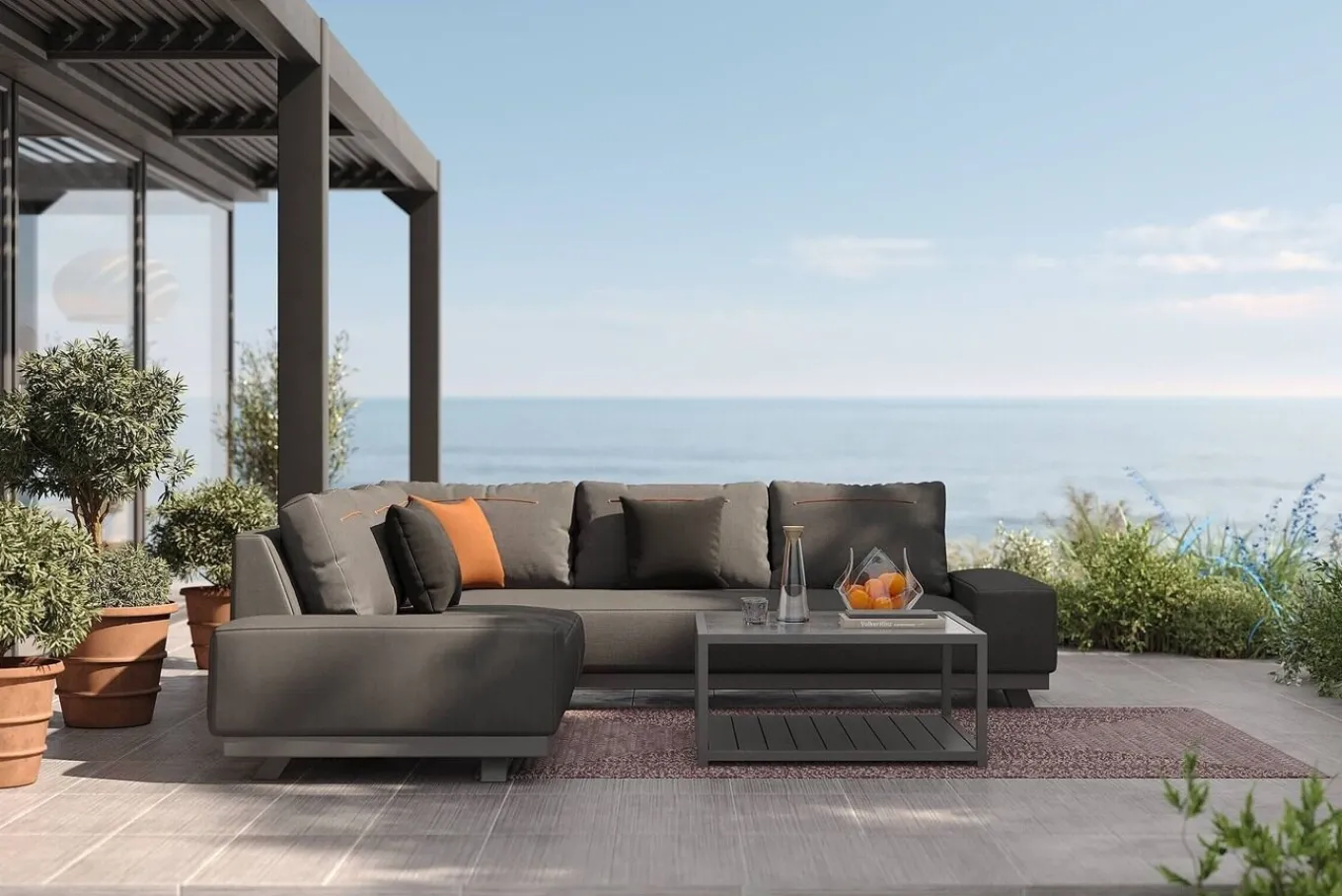 Outlet Beau Gartenlounge mit Outdoor-Teppich, grau/andorra-weiß, Alu/Polyester/PET-Garn, Teppich rechteckig 240 x 160 cm, inkl. Kaffeetisch Gartenlounge