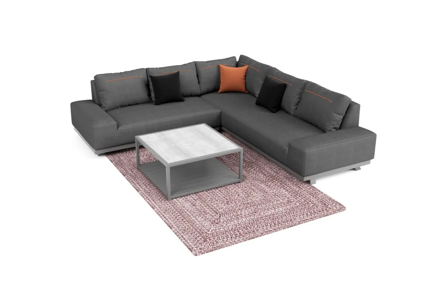 Outlet Beau Gartenlounge mit Outdoor-Teppich, grau/andorra-weiß, Alu/Polyester/PET-Garn, Teppich rechteckig 240 x 160 cm, inkl. Kaffeetisch Gartenlounge
