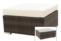 Sale Beistelltisch/Hocker, braun marmoriert, Polyrattan, 70x70x30cm, inkl. Glasplatte und Polster Polyrattan-Gartenmöbel|Gartenlounge