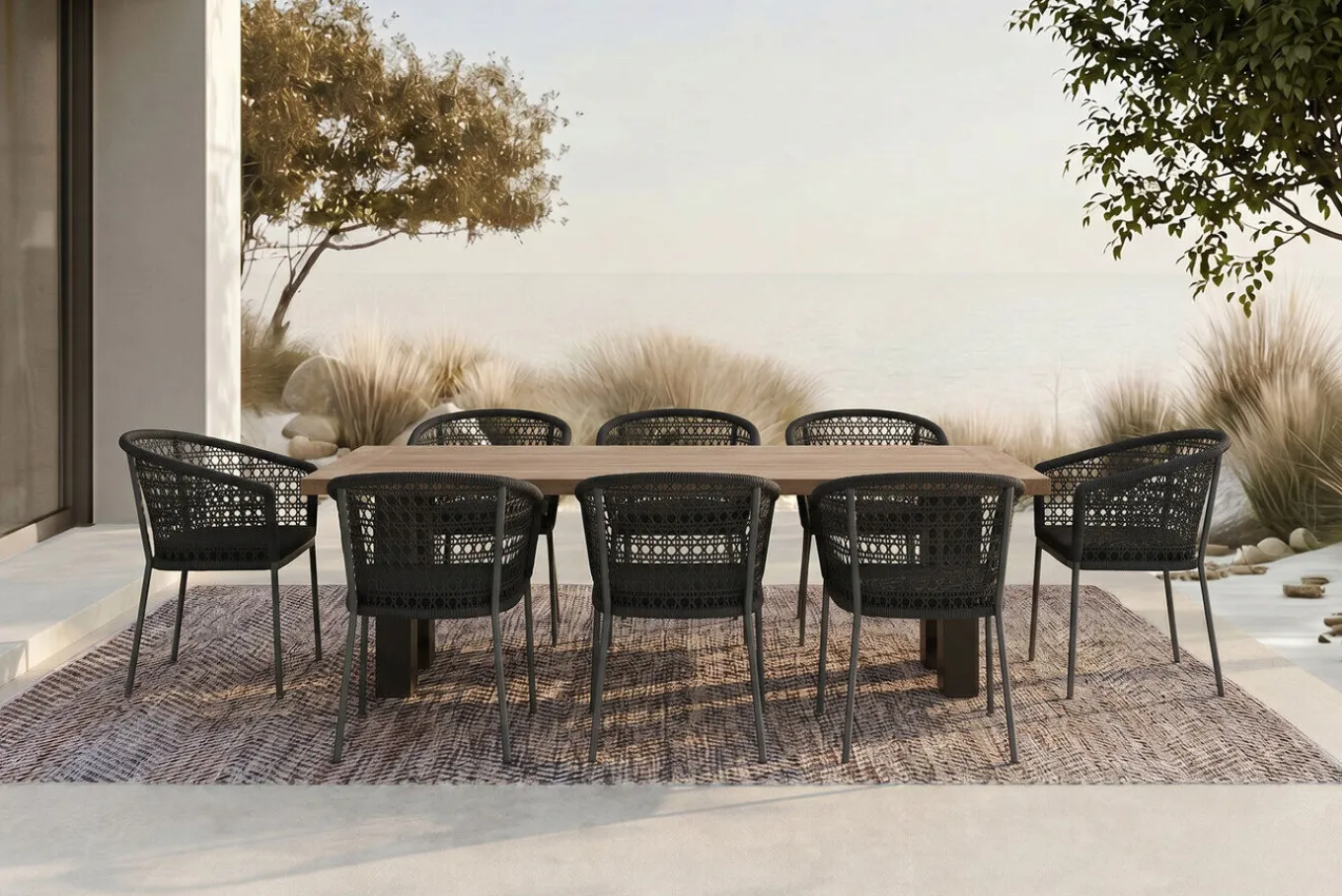 Outlet Bob/Zui Garten-Essgruppe, anthrazit/dunkelgrau, Alu/recycled Teak/Rope, 220 x 100 cm, 8 x Sessel, inkl. Polster Stahl-Gartenmöbel
