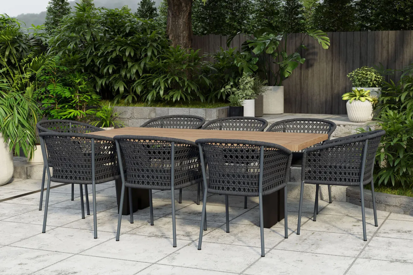 Outlet Bob/Zui Garten-Essgruppe, anthrazit/dunkelgrau, Alu/recycled Teak/Rope, 220 x 100 cm, 8 x Sessel, inkl. Polster Stahl-Gartenmöbel