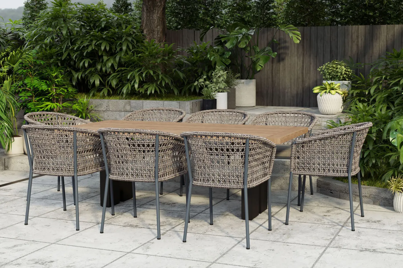 Sale Bob/Zui Garten-Essgruppe, anthrazit/hellgrau, Alu/recycled Teak/Rope, 220 x 100 cm, 8 x Sessel, inkl. Polster Garten-Essgruppen