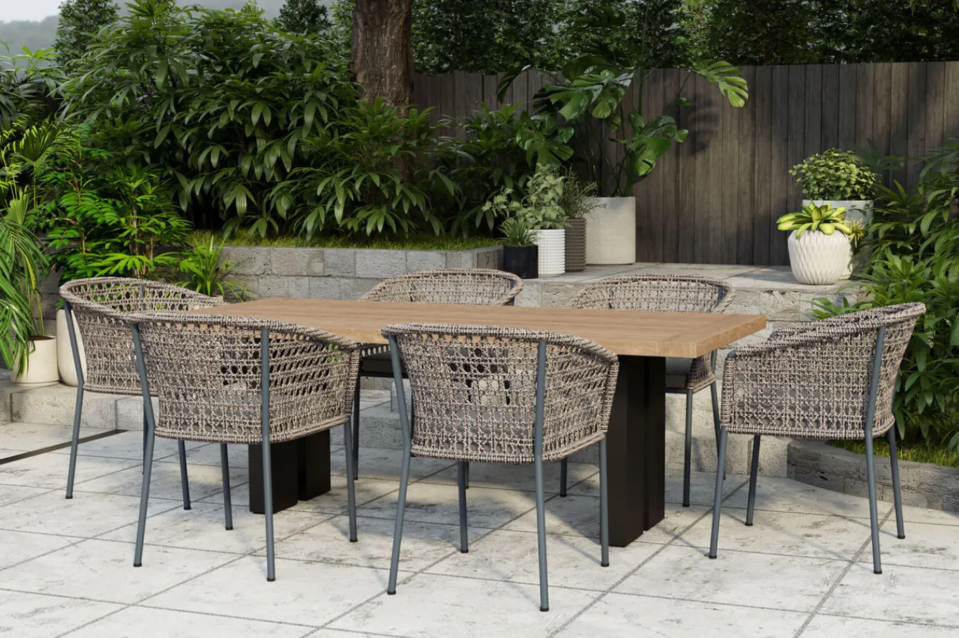 Online Bob/Zui Garten-Essgruppe, anthrazit/hellgrau, Alu/recycled Teak/Rope, 220 x 100 cm, 6 x Sessel, inkl. Polster Garten-Essgruppen