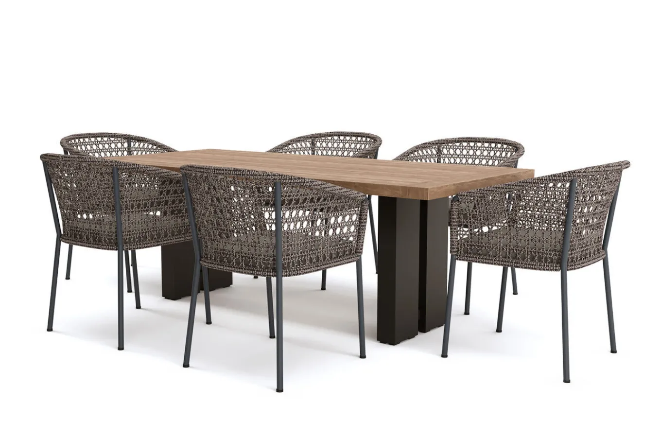 Online Bob/Zui Garten-Essgruppe, anthrazit/hellgrau, Alu/recycled Teak/Rope, 220 x 100 cm, 6 x Sessel, inkl. Polster Garten-Essgruppen
