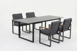 Sale Bocas Garten-Essgruppe, mattgrau, Aluminium/Teakholz, Ausziehtisch 206/266 x 100 cm, inkl. 4 Sessel Teak-Gartenmöbel