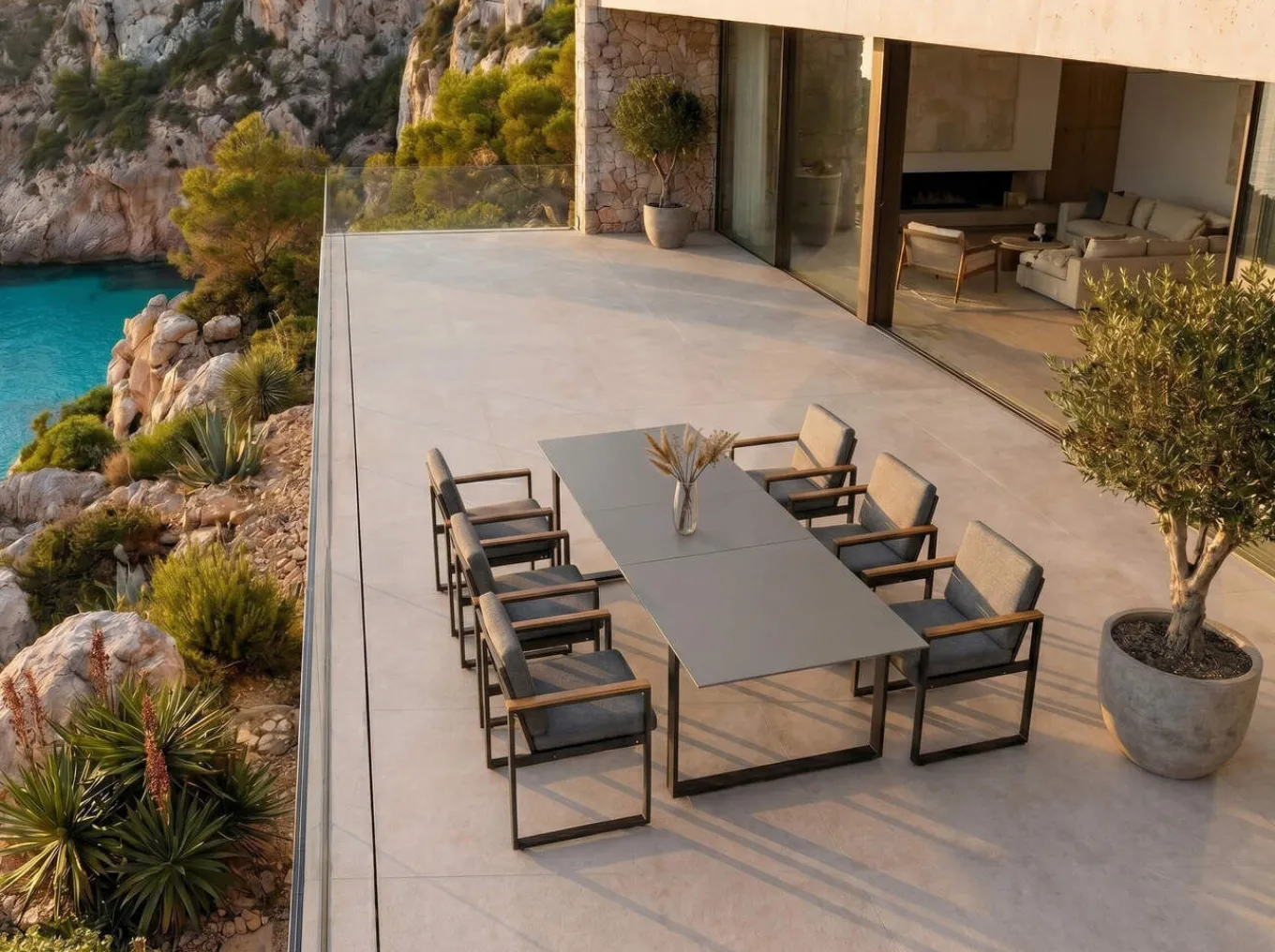 Discount Bocas Garten-Essgruppe, mattgrau, Aluminium/Teakholz, Ausziehtisch 206/266 x 100 cm, inkl. 6 Sessel Garten-Essgruppen|Aluminium-Gartenmöbel