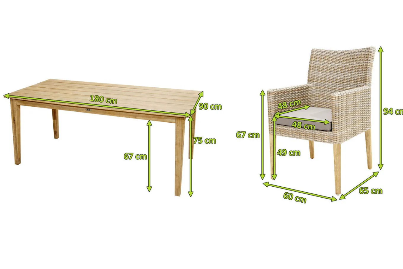Borneo Garten-Essgruppe, beige-meliert, Polyrattan/Akazie, Tisch 180 x 90 cm, 6 Landhaussessel, FSC®-zertifiziertes Produkt Polyrattan-Gartenmöbel|Garten-Essgruppen