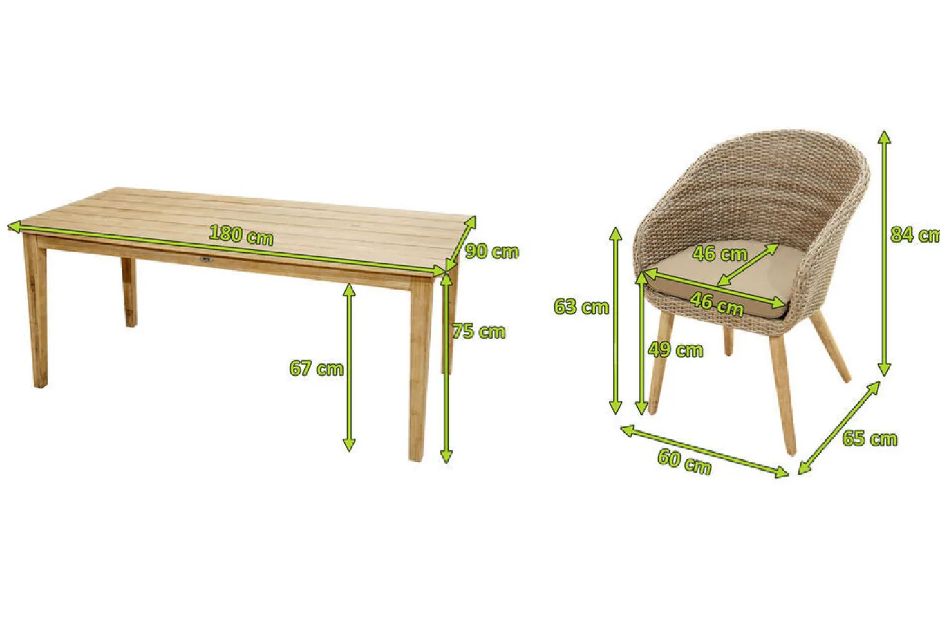 Clearance Borneo Garten-Essgruppe, beige-meliert, Polyrattan/Akazie, Tisch 180 x 90 cm, 4 Cocktail-Sessel, FSC®-zertifiziertes Produkt Polyrattan-Gartenmöbel|Garten-Essgruppen