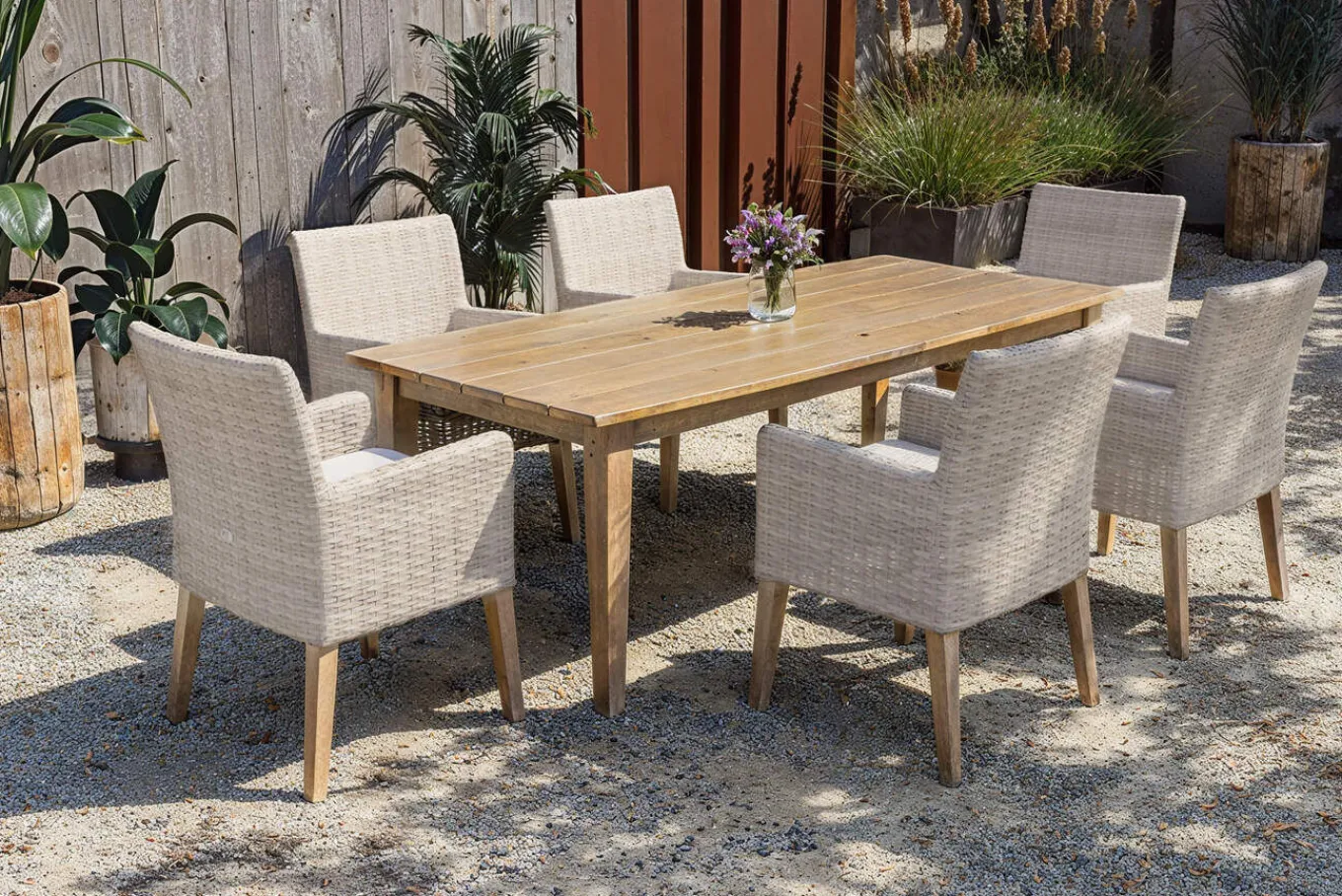 Sale Borneo Garten-Essgruppe, beige-meliert, Polyrattan/Akazie, Tisch 220 x 100 cm, 6 Landhaussessel, FSC®-zertifiziertes Produkt Polyrattan-Gartenmöbel|Garten-Essgruppen