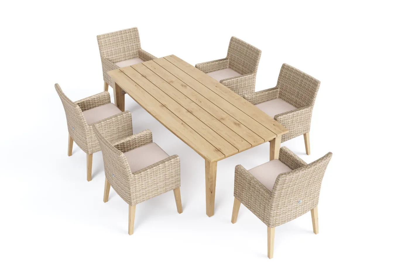 Sale Borneo Garten-Essgruppe, beige-meliert, Polyrattan/Akazie, Tisch 220 x 100 cm, 6 Landhaussessel, FSC®-zertifiziertes Produkt Polyrattan-Gartenmöbel|Garten-Essgruppen