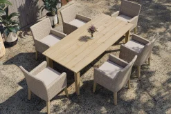 Sale Borneo Garten-Essgruppe, beige-meliert, Polyrattan/Akazie, Tisch 220 x 100 cm, 6 Landhaussessel, FSC®-zertifiziertes Produkt Polyrattan-Gartenmöbel|Garten-Essgruppen