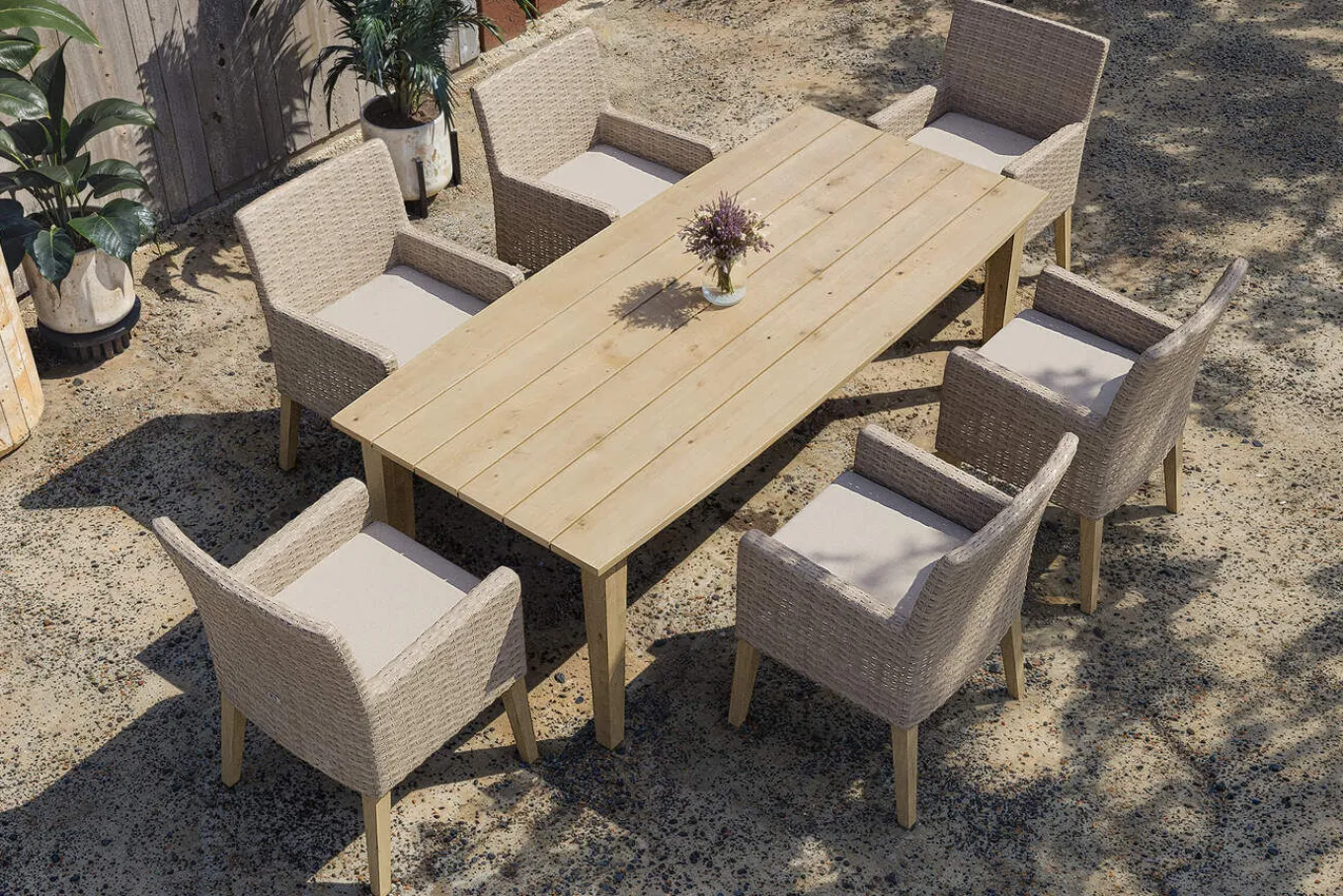 Sale Borneo Garten-Essgruppe, beige-meliert, Polyrattan/Akazie, Tisch 220 x 100 cm, 6 Landhaussessel, FSC®-zertifiziertes Produkt Polyrattan-Gartenmöbel|Garten-Essgruppen