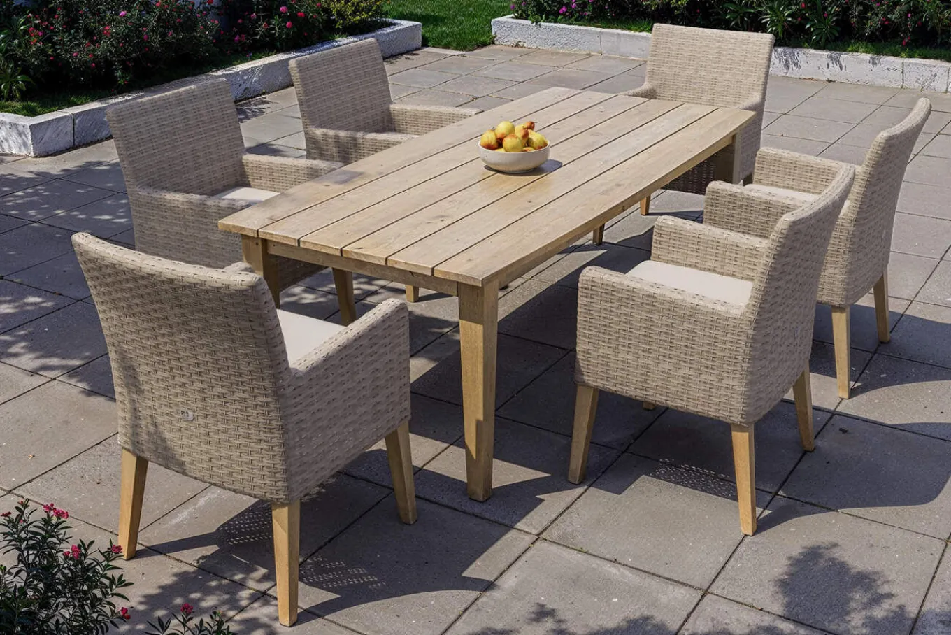 Sale Borneo Garten-Essgruppe, beige-meliert, Polyrattan/Akazie, Tisch 220 x 100 cm, 6 Landhaussessel, FSC®-zertifiziertes Produkt Polyrattan-Gartenmöbel|Garten-Essgruppen