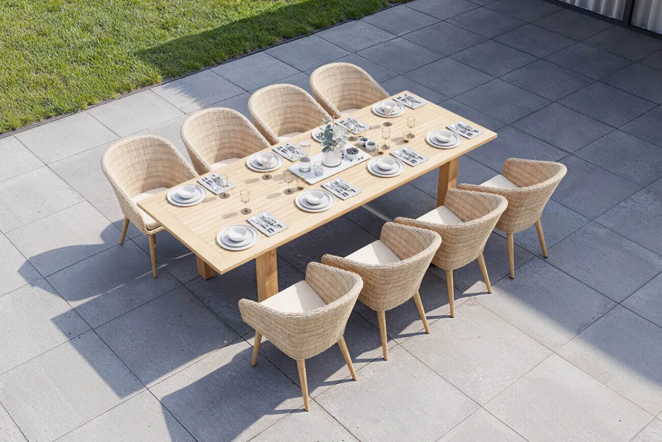 Borneo Garten-Essgruppe, natur/beige, Akazie/Polyrattan, Esstisch ausziehbar 180/220/260 x 100 cm, 8 Stühle mit Polster, FSC®-zertifiziertes Produkt Garten-Essgruppen|Akazien-Gartenmöbel