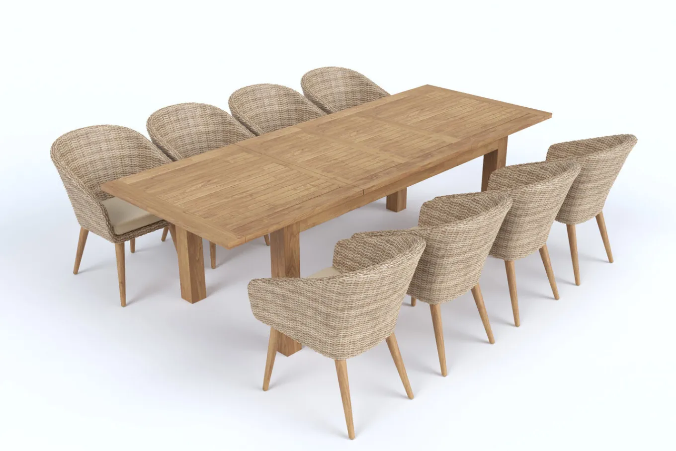 Borneo Garten-Essgruppe, natur/beige, Akazie/Polyrattan, Esstisch ausziehbar 180/220/260 x 100 cm, 8 Stühle mit Polster, FSC®-zertifiziertes Produkt Garten-Essgruppen|Akazien-Gartenmöbel