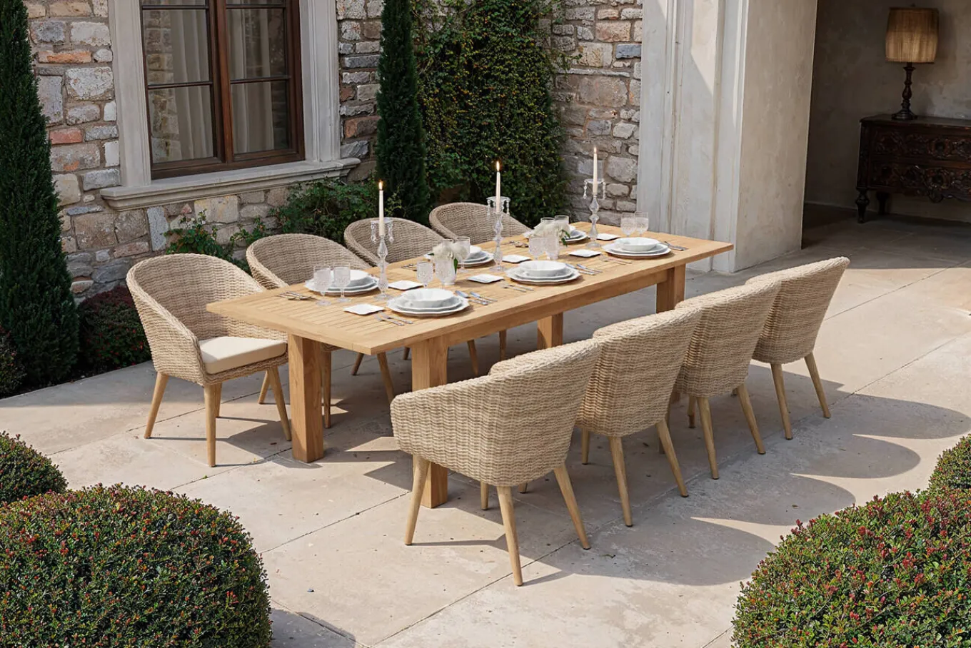Borneo Garten-Essgruppe, natur/beige, Akazie/Polyrattan, Esstisch ausziehbar 180/220/260 x 100 cm, 8 Stühle mit Polster, FSC®-zertifiziertes Produkt Garten-Essgruppen|Akazien-Gartenmöbel