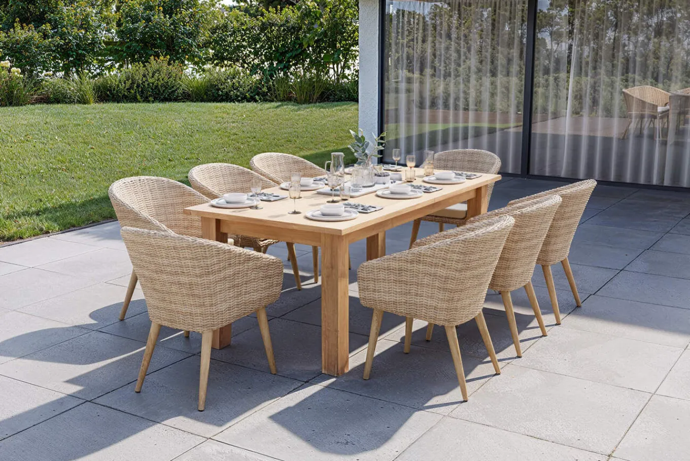 Borneo Garten-Essgruppe, natur/beige, Akazie/Polyrattan, Esstisch ausziehbar 180/220/260 x 100 cm, 8 Stühle mit Polster, FSC®-zertifiziertes Produkt Garten-Essgruppen|Akazien-Gartenmöbel