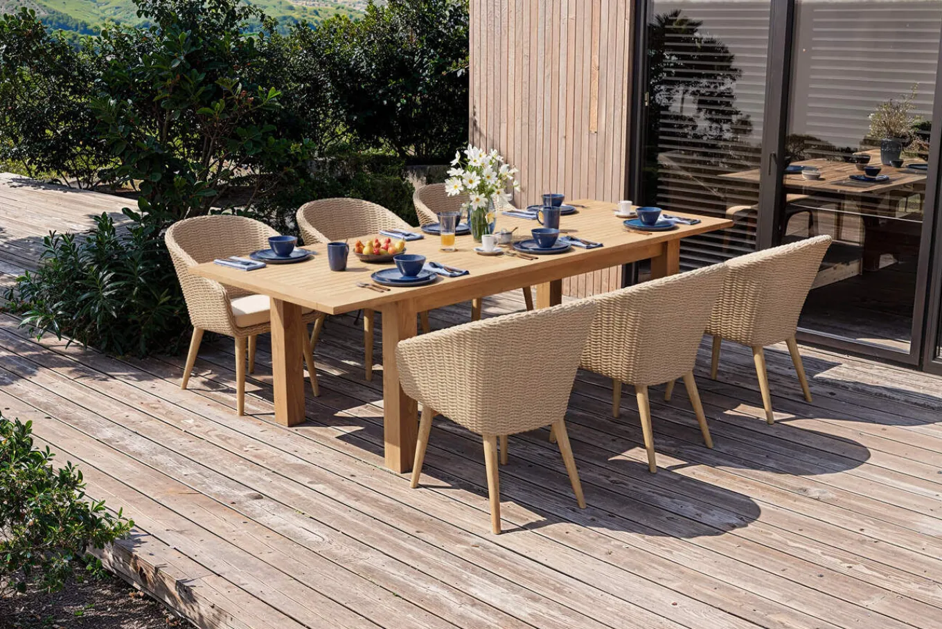 Outlet Borneo Garten-Essgruppe, beige/natur, Akazie/Polyrattan, ausziehbarer Tisch 180/220/260 x 100 cm, 6 Sessel, FSC®-zertifiziertes Produkt Garten-Essgruppen|Akazien-Gartenmöbel