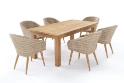 Outlet Borneo Garten-Essgruppe, beige/natur, Akazie/Polyrattan, ausziehbarer Tisch 180/220/260 x 100 cm, 6 Sessel, FSC®-zertifiziertes Produkt Garten-Essgruppen|Akazien-Gartenmöbel