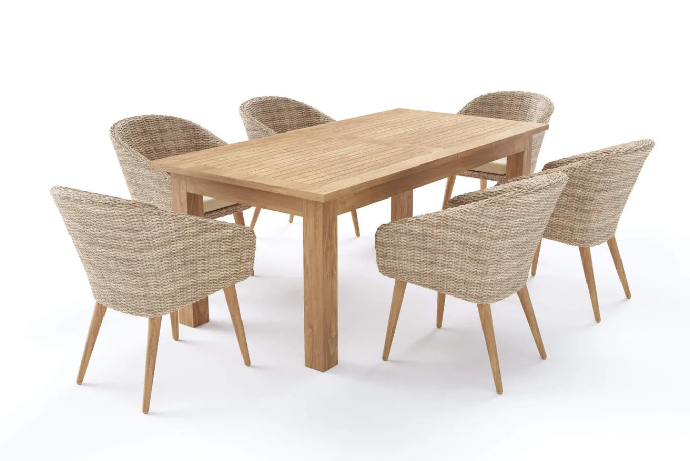 Outlet Borneo Garten-Essgruppe, beige/natur, Akazie/Polyrattan, ausziehbarer Tisch 180/220/260 x 100 cm, 6 Sessel, FSC®-zertifiziertes Produkt Garten-Essgruppen|Akazien-Gartenmöbel