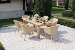 Outlet Borneo Garten-Essgruppe, beige/natur, Akazie/Polyrattan, ausziehbarer Tisch 180/220/260 x 100 cm, 6 Sessel, FSC®-zertifiziertes Produkt Garten-Essgruppen|Akazien-Gartenmöbel