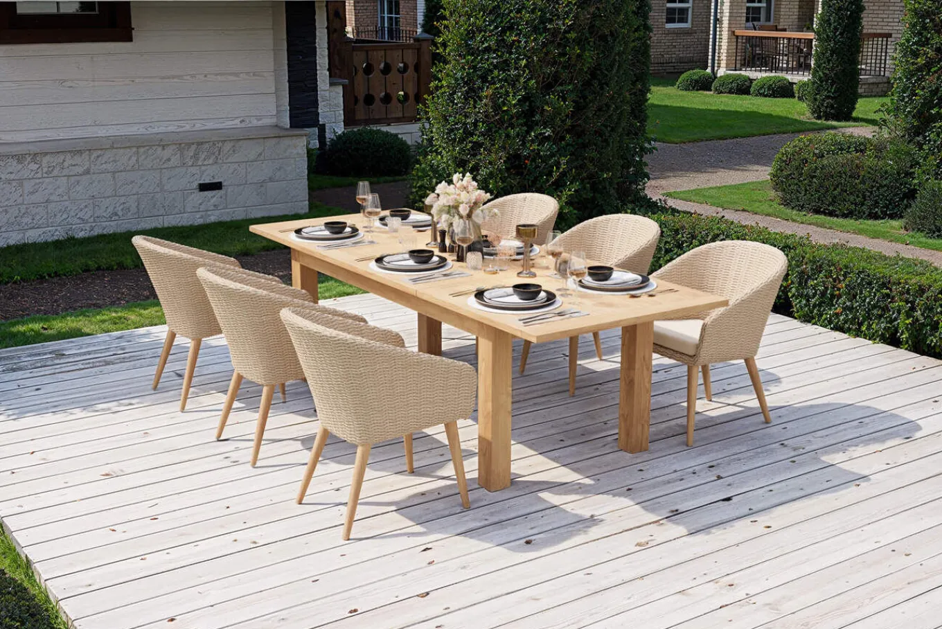 Outlet Borneo Garten-Essgruppe, beige/natur, Akazie/Polyrattan, ausziehbarer Tisch 180/220/260 x 100 cm, 6 Sessel, FSC®-zertifiziertes Produkt Garten-Essgruppen|Akazien-Gartenmöbel