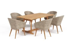 Clearance Borneo Garten-Essgruppe, beige/natur, Akazie/Polyrattan, Ausziehbar, 180/240 x 100 cm, 6 Stühle 65 x 60 cm, Polster Inklusive, FSC®-zertifiziertes Produkt Garten-Essgruppen|Akazien-Gartenmöbel