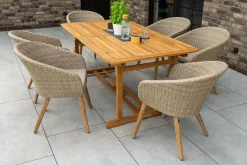 Clearance Borneo Garten-Essgruppe, beige/natur, Akazie/Polyrattan, Ausziehbar, 180/240 x 100 cm, 6 Stühle 65 x 60 cm, Polster Inklusive, FSC®-zertifiziertes Produkt Garten-Essgruppen|Akazien-Gartenmöbel