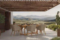 Clearance Borneo Garten-Essgruppe, beige/natur, Akazie/Polyrattan, Ausziehbar, 180/240 x 100 cm, 6 Stühle 65 x 60 cm, Polster Inklusive, FSC®-zertifiziertes Produkt Garten-Essgruppen|Akazien-Gartenmöbel