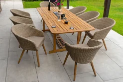 Hot Borneo Garten-Essgruppe, beige/natur, Akazie/Polyrattan, Ausziehtisch 180/240 x 100 cm, 8 Cocktail-Sessel, Polster Inklusive, FSC®-zertifiziertes Produkt Garten-Essgruppen|Akazien-Gartenmöbel