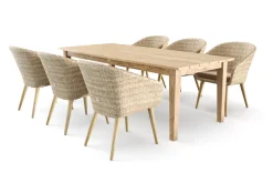 Outlet Borneo Garten-Essgruppe, beige-meliert, Polyrattan/Akazie, Tisch 220 x 100 cm, 6 Cocktail-Sessel, FSC®-zertifiziertes Produkt Polyrattan-Gartenmöbel|Garten-Essgruppen