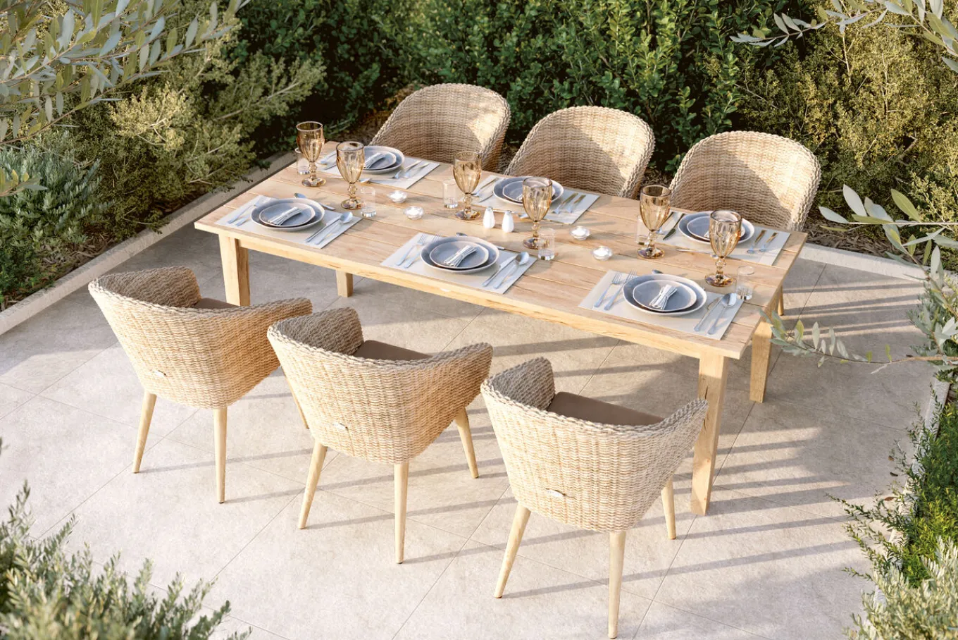 Outlet Borneo Garten-Essgruppe, beige-meliert, Polyrattan/Akazie, Tisch 220 x 100 cm, 6 Cocktail-Sessel, FSC®-zertifiziertes Produkt Polyrattan-Gartenmöbel|Garten-Essgruppen