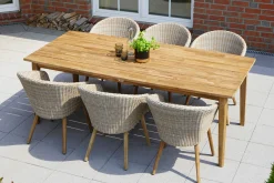 Outlet Borneo Garten-Essgruppe, beige-meliert, Polyrattan/Akazie, Tisch 220 x 100 cm, 6 Cocktail-Sessel, FSC®-zertifiziertes Produkt Polyrattan-Gartenmöbel|Garten-Essgruppen